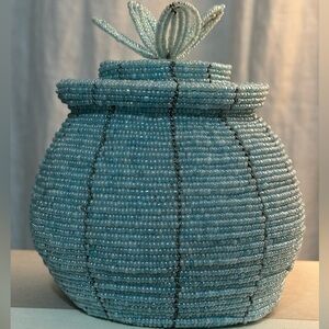 Handmade Beaded Basket Lid Keepsake Jewelry Box Pot Unique Tiffany Teal Blue